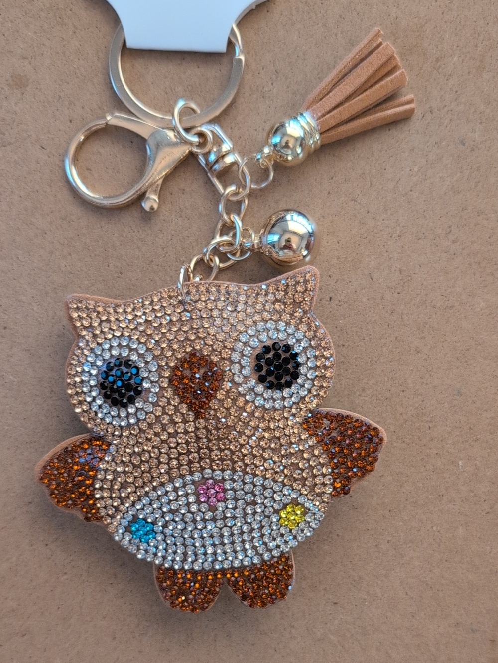 Crystal Owl Keychain Tassel Charm - Gold and Multicolor Accents